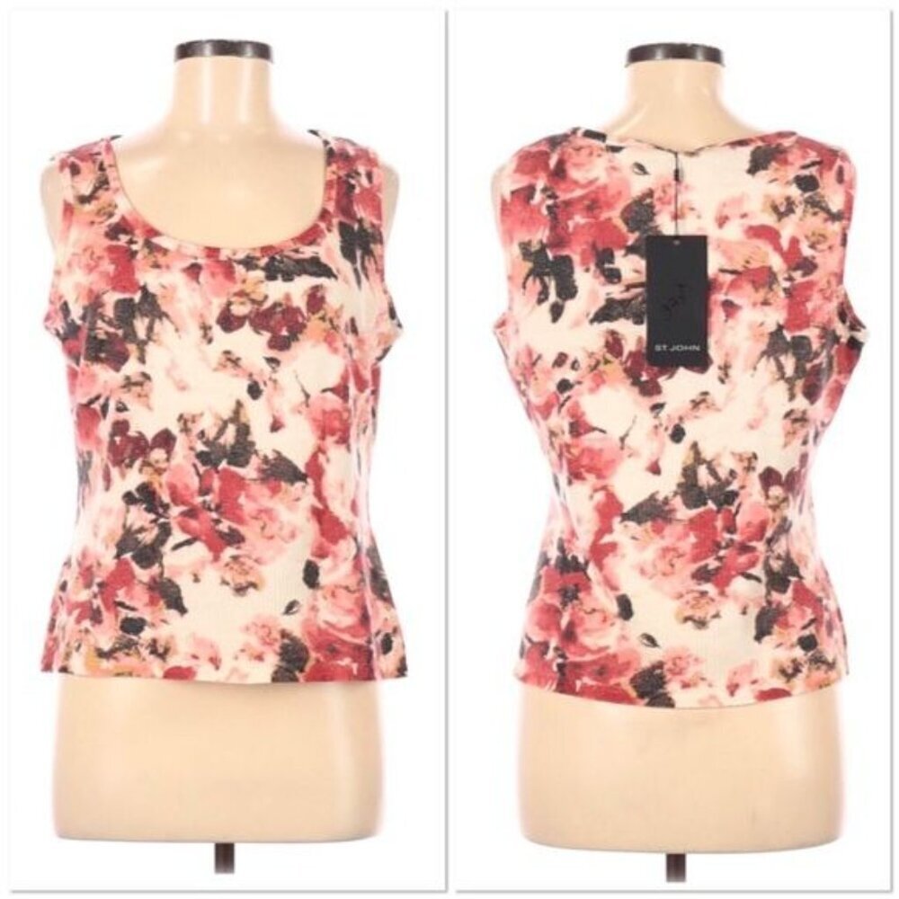 St John NWT $495 Sleeveless Sweater Tank Wool Blend Top Size M Multicolor Floral